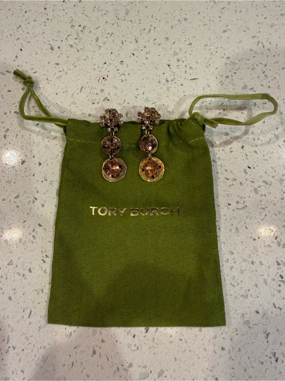 Tory Burch Gold-Tone Crystal Drop Earrings with Champagne Stones